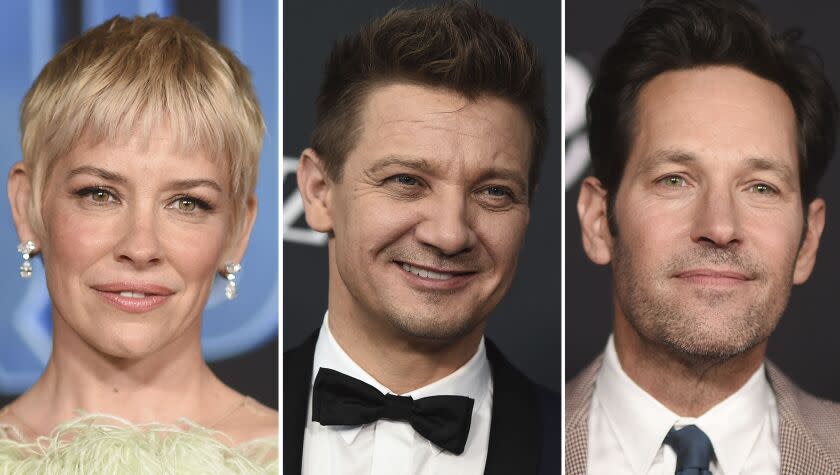 Separate photos of a blond woman in a gown, a smiling man in a tux and a slightly smiling man in a suit.