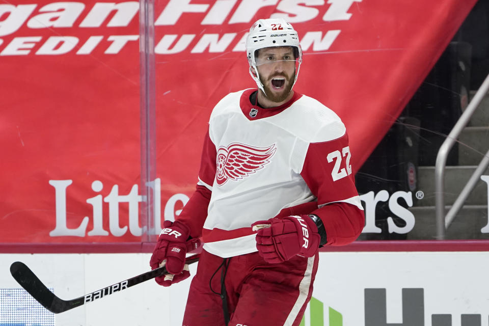 Detroit Red Wings defenseman Patrik Nemeth celebrates his goal against the Florida Panthers in the second period of an NHL hockey game Saturday, Feb. 20, 2021, in Detroit. (AP Photo/Paul Sancya)