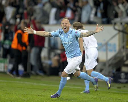 Malmo's Magnus Eriksson reacts after their Champions League playoff second leg soccer match against Salzburg in Malmo August 27, 2014. REUTERS/Bjorn Lindgren/TT News Agency