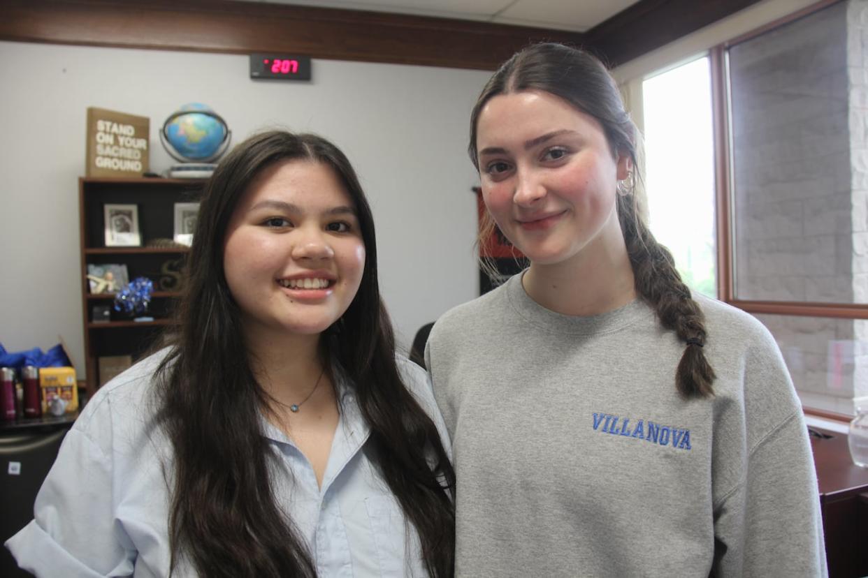 Kailey Yau, left, and Julia Papineau who’s 30-second public service announcement (PSA) video won the Grade 9 to 12 category, said it encouraged kids to not vape.  (CBC - image credit)