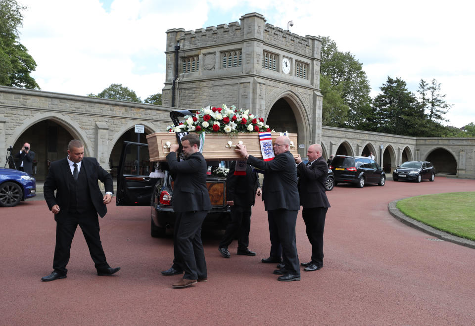 The coffin of Jack Charlton is taken into West Road Crematorium, in Newcastle for his funeral. The former Republic of Ireland manager, who won the World Cup playing for England, died on July 10 aged 85.