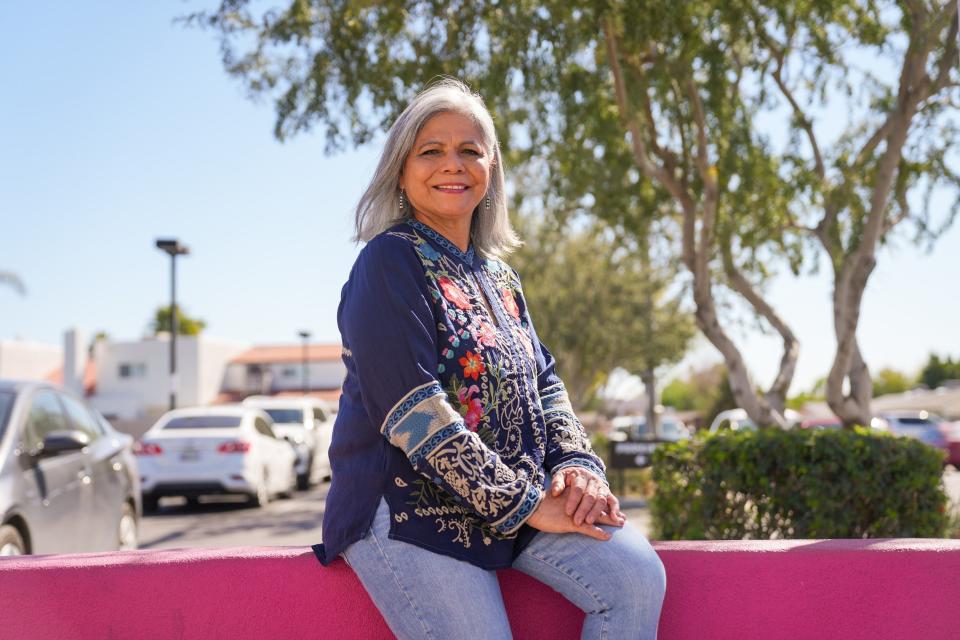 Charlotte Hansen, 60, owner of Rito's Mexican Food, poses for a portrait outside the Crown location on Seventh Street on Wednesday, March 29, 2023, in Phoenix. Hansen took over the business from her parents and founders Rito and Rosemary Salinas in 2012. Their green chili burrito, one of their signature items, is a recipe from her mother.