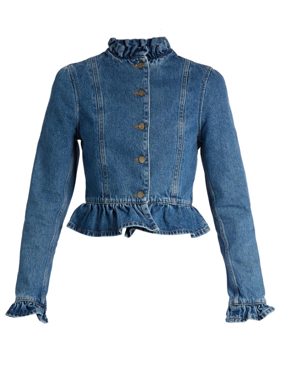 <p> <a rel="nofollow noopener" href="http://www.matchesfashion.com/products/J-W-Anderson-Ruffle-trimmed-denim-jacket--1079089" target="_blank" data-ylk="slk:Matches Fashion, £450;elm:context_link;itc:0;sec:content-canvas" class="link ">Matches Fashion, £450 </a> </p>