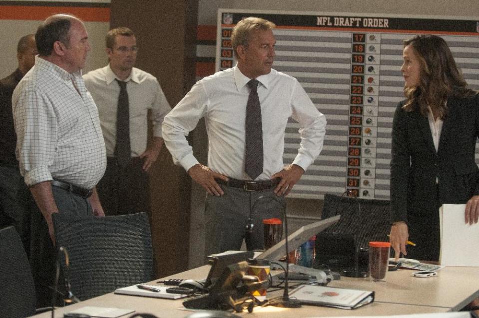 This image released by Summit Entertainment shows Kevin Costner, center, and Jennifer Garner, right, in a scene from "Draft Day." (AP Photo/Summit Entertainment, Dale Robinette)