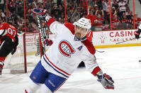 OTTAWA, CANADA - MARCH 16: Tomas Plekanec #14 of the Montreal Canadiens celebrates his first period goal during an NHL game against the Ottawa Senators at Scotiabank Place on March 16, 2012 in Ottawa, Ontario, Canada. (Photo by Jana Chytilova/Freestyle Photography/Getty Images)