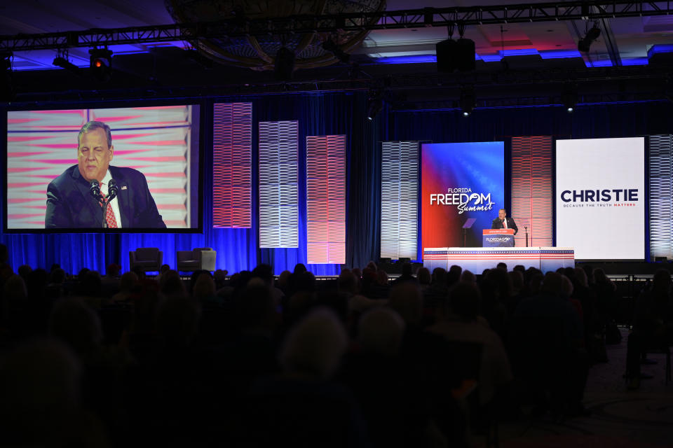 Republican presidential candidate former New Jersey Gov. Chris Christie addresses attendees at the Republican Party of Florida Freedom Summit, Saturday, Nov. 4, 2023, in Kissimmee, Fla. (AP Photo/Phelan M. Ebenhack)