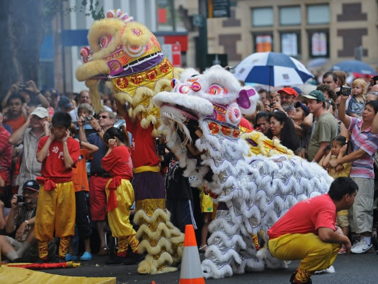 A martial arts group performs a lion dance in Sydney's Chinatown