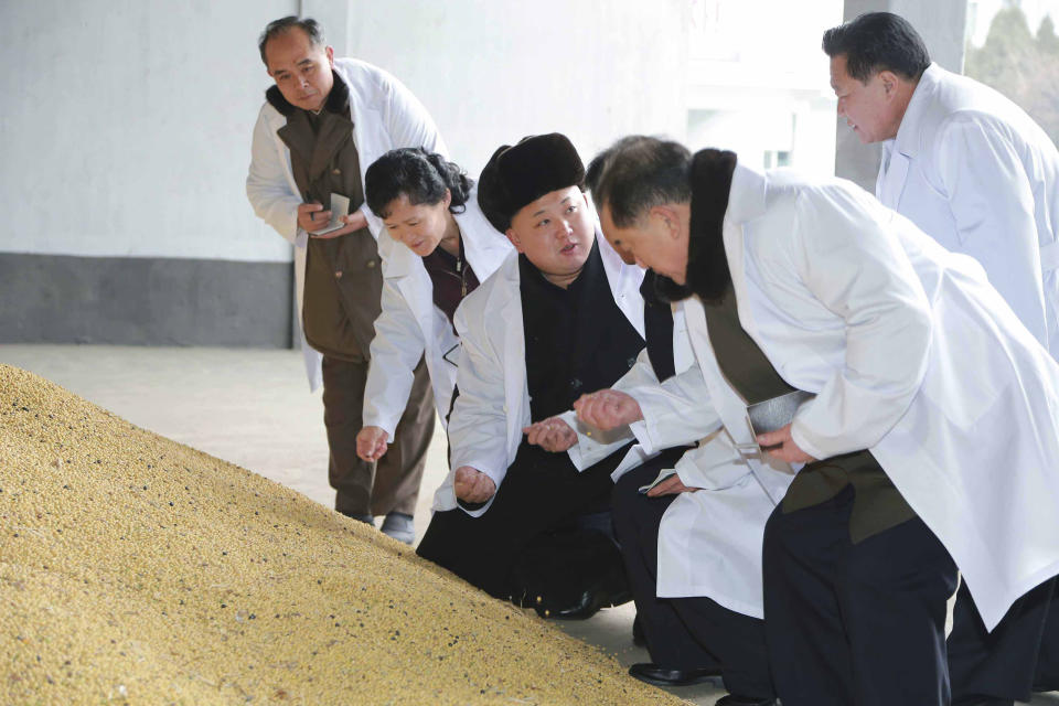 North Korean leader Kim Jong Un gives field guidance to the Pyongyang Children's Foodstuff Factory in December of 2014.&nbsp;