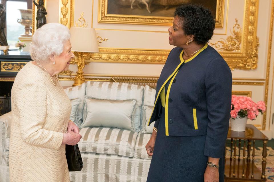 Queen Elizabeth II receives Governor-General of Barbados Dame Sandra Mason during a private audience at Buckingham Palace on March 28, 2018 in London, England