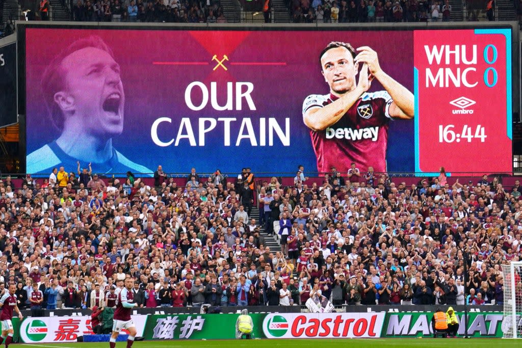 Tribute: West Ham bid an emotional farewell to captain Mark Noble at the London Stadium  (PA)