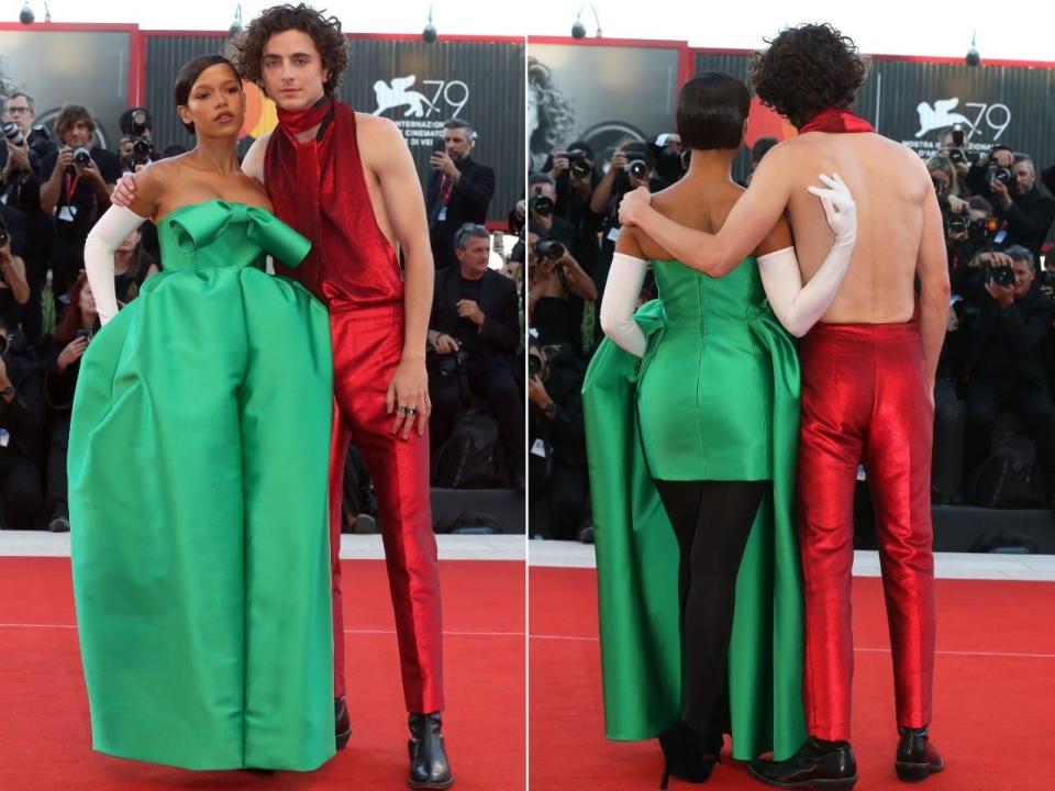 Taylor Russell and Timothee Chalamet attend the "Bones And All" red carpet at the 79th Venice International Film Festival on September 02, 2022 in Venice, Italy.