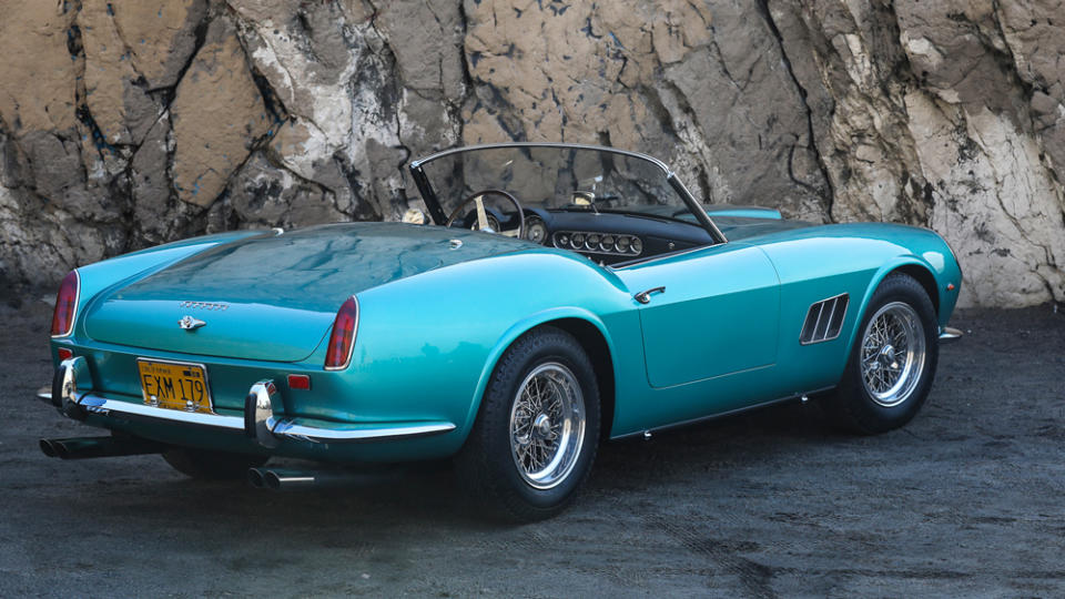 A 1962 Ferrari 250 GT SWB California Spider painted in Azzurro Metallizzato.