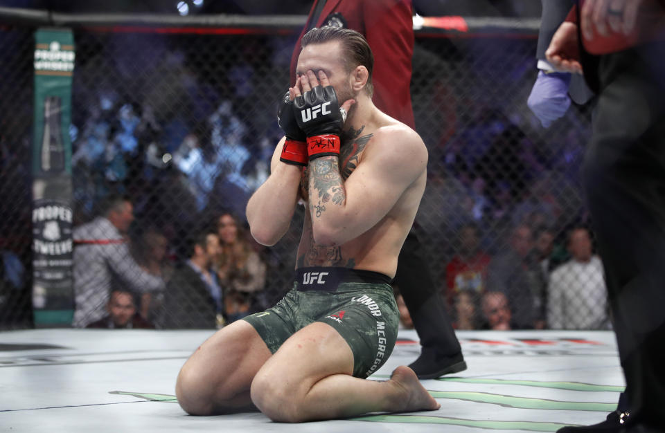 Conor McGregor reacts to his win over Donald "Cowboy" Cerrone during a UFC 246 welterweight mixed martial arts bout Saturday, Jan. 18, 2020, in Las Vegas. (AP Photo/John Locher)