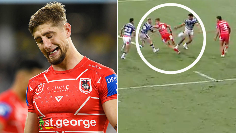 Dragons centre Zac Lomax was slammed over a risky flick pass that went horribly wrong against the Cowboys. Pic: Getty/Ch9