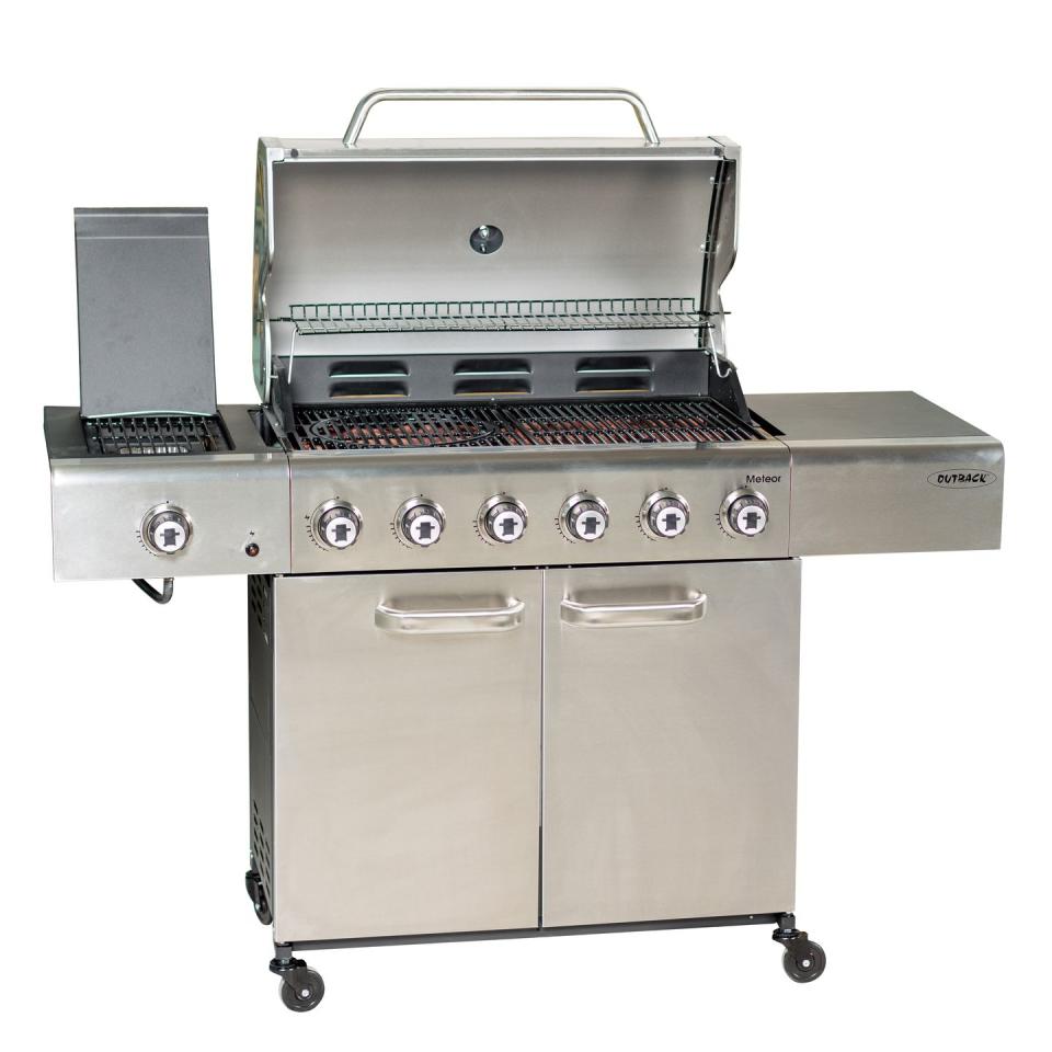 <p>The stainless steel Outback Meteor 6-Burner Gas BBQ comes with a multi-cook pizza stone, griddle plate and flat plate, ideal for all your barbecuing needs.</p><p><strong>£449.99, Robert Dyas</strong> <a rel="nofollow noopener" href="https://www.robertdyas.co.uk/outback-meteor-6-burner-gas-bbq-out370655-multicook" target="_blank" data-ylk="slk:BUY NOW;elm:context_link;itc:0;sec:content-canvas" class="link ">BUY NOW</a></p>