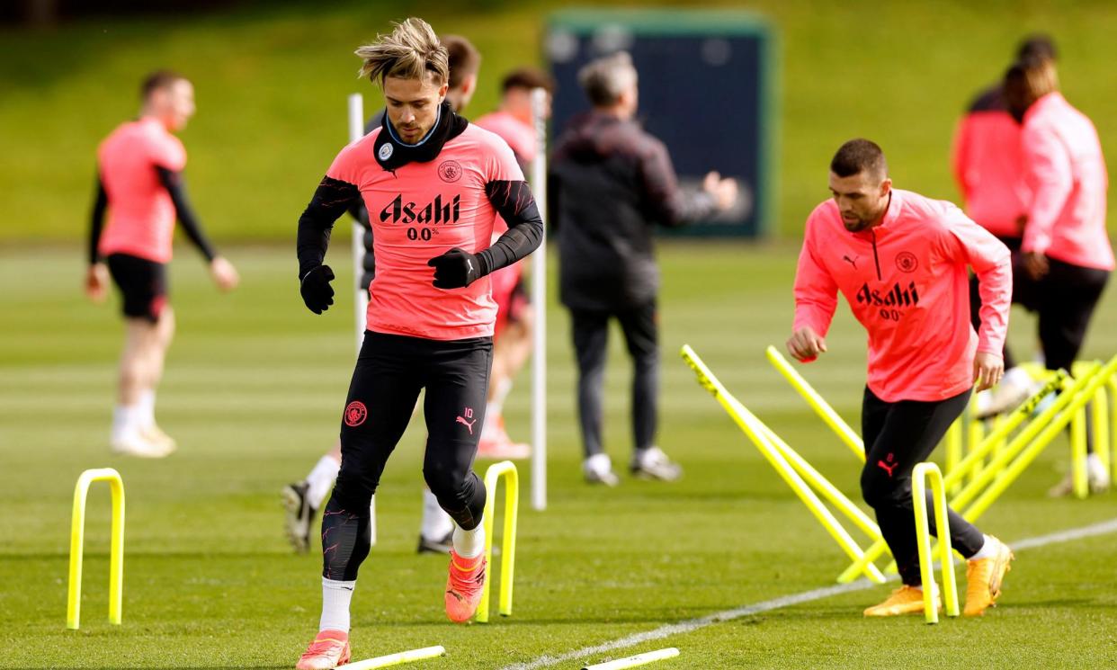 <span>Jack Grealish trains for Manchester City’s Champions League quarter-final first leg against Real Madrid.</span><span>Photograph: Jason Cairnduff/Action Images/Reuters</span>