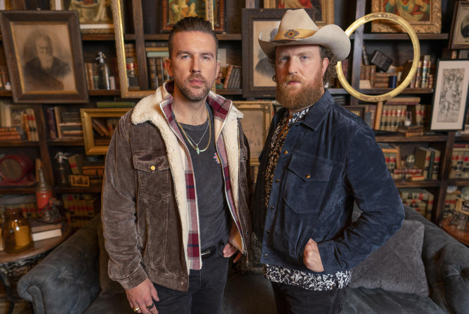 T.J. Osborne, left, and John Osborne, of Brothers Osbourne, pose for a portrait on Thursday, Nov. 4, 2021, in Nashville, Tenn. (Photo by Ed Rode/Invision/AP)