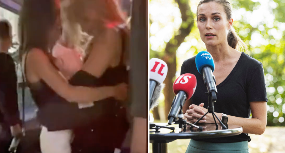 The Finnish PM dancing with a model (left) and addressing the media (right).