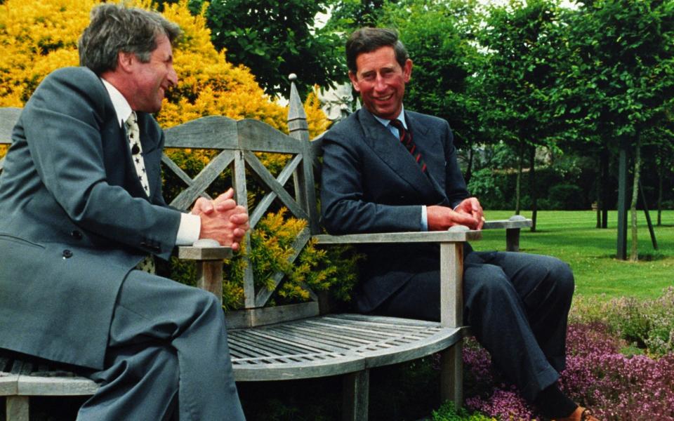 The Prince of Wales in conversation with Jonathan Dimbleby in his garden at Highgrove