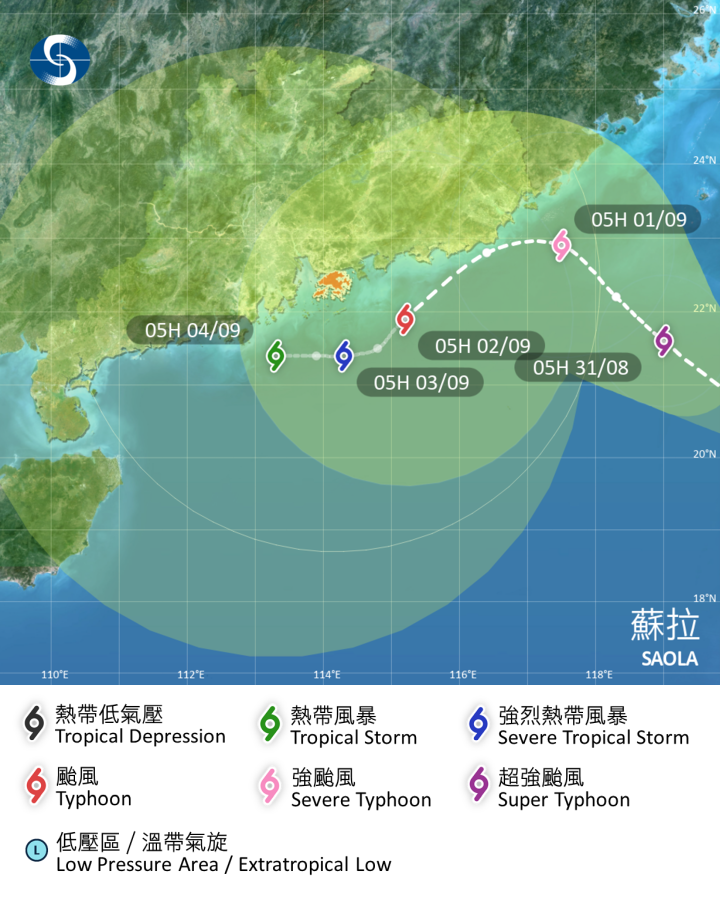超強颱風 蘇拉 在香港時間 2023 年 08 月 30 日 05 時的最新資料。最新的預測路徑顯示，蘇拉仍然會在周末在香港以南掠過，屆時蘇拉會減弱至颱風以至強烈熱帶風暴強度。