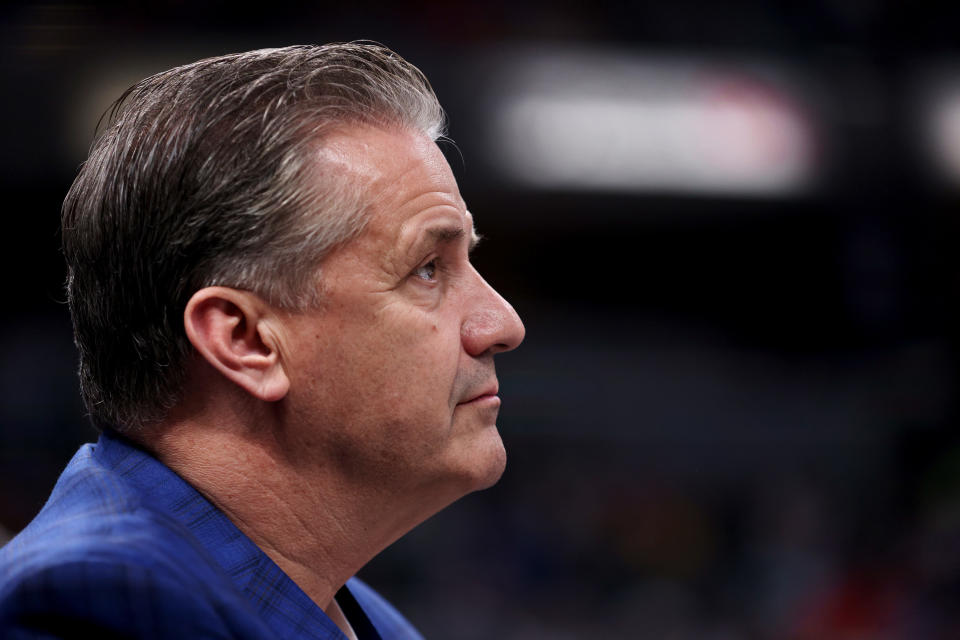 INDIANAPOLIS, INDIANA - MARCH 15: University of Kentucky men&#39;s basketball coach John Calipari looks on during the game between the Memphis Grizzlies and the Indiana Pacers at Gainbridge Fieldhouse on March 15, 2022 in Indianapolis, Indiana. NOTE TO USER: User expressly acknowledges and agrees that, by downloading and or using this Photograph, user is consenting to the terms and conditions of the Getty Images License Agreement. (Photo by Dylan Buell/Getty Images)
