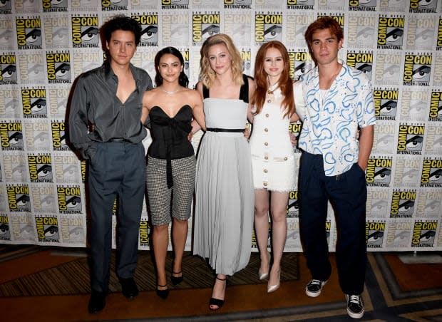 Cole Sprouse, Camila Mendes, Lili Reinhart, Madelaine Petsch, and K.J. Apa at the "Riverdale" Photo Call during 2019 Comic-Con International in San Diego. Photo: Frazer Harrison/Getty Images