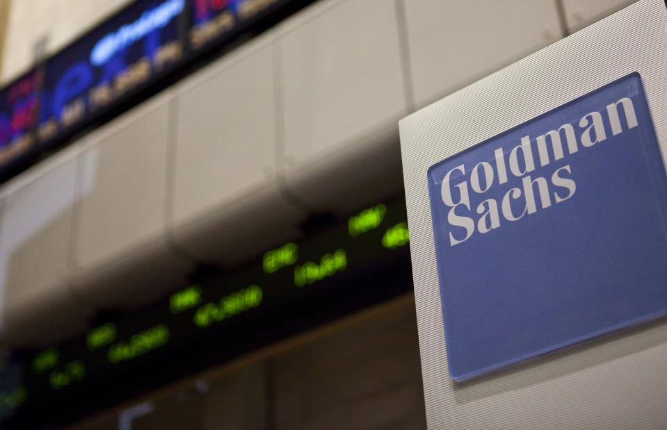 A Goldman Sachs logo is displayed on the floor of the New York Stock Exchange in New York City, on Wednesday, August 11, 2010. The Dow lost over 265.42 closing at 10378.83 points on poor economic reports. (Photo by Ramin Talaie/Corbis via Getty Images)