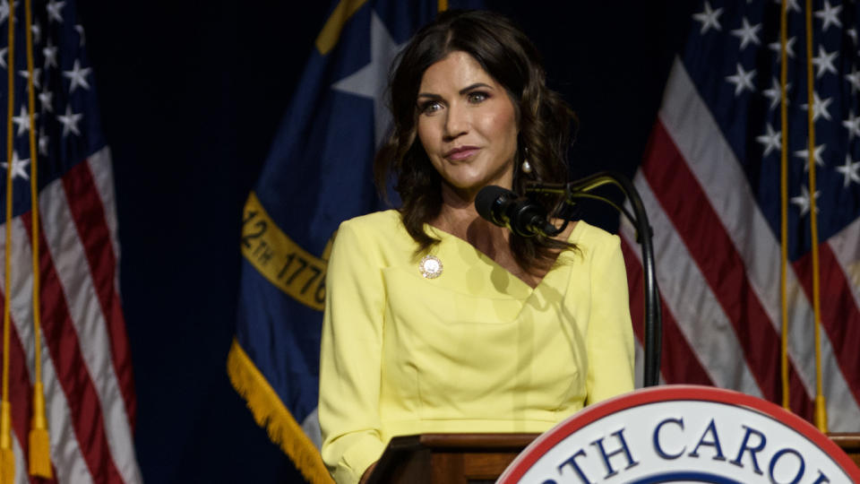 South Dakota Gov. Kristi Noem speaks to attendees at the North Carolina GOP convention on June 5, 2021 in Greenville, North Carolina. (Melissa Sue Gerrits/Getty Images)