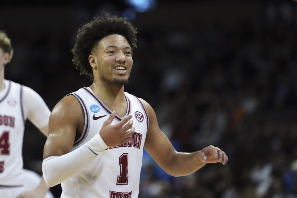 Alabama guard Mark Sears reacts late in the second half of a second-round college basketball game against Grand Canyon in the NCAA Tournament in Spokane, Wash., Sunday, March 24, 2024. (AP Photo/Ted S. Warren)