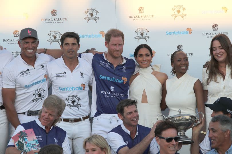 The Duchess of Sussex the Duke of Sussex poses for pictures with the teams after he took part in the Royal Salute Polo Challenge, to benefit Sentebale, at The USPA National Polo Center in Wellington, Florida, US. Picture date: Friday April 12, 2024. PA Photo.  Photo credit should read: Yaroslav Sabitov/PA Wire