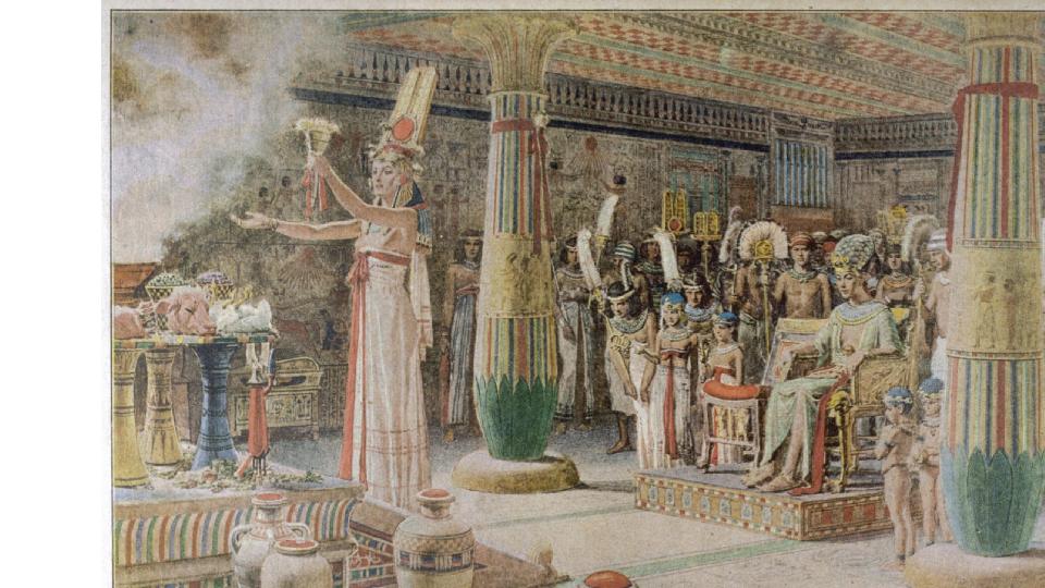 Queen Nefertiti performs a ceremony. She is wearing a white robe and a large gold headpiece. She is holding what looks like burning incense into the air. The rest of the room is filled with people, all standing behind her. Date: 14th century B.C.