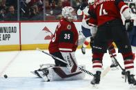 Arizona Coyotes goaltender Darcy Kuemper gives up a goal to Florida Panthers' Frank Vatrano during the second period of an NHL hockey game Tuesday, Feb. 25, 2020, in Glendale, Ariz. (AP Photo/Ross D. Franklin)