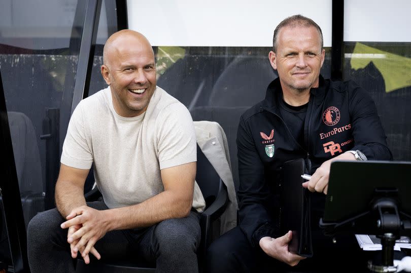Arne Slot with assistant Sipke Hulshoff during the Dutch Eredivisie match between NEC and Feyenoord.