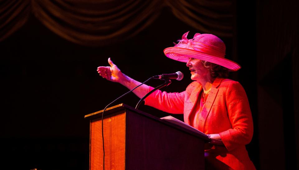 Gail Markham, Pace Lee founding board chair and Grande Dames honorary chair, raises funds during the Grande Dames Tea on Tuesday at the Broadway Palm Dinner Theater. The tea benefits the Pace Center for Girls. The event features words of wisdom from the Grande Dames, three women who chosen to be honored each year for their community contributions.