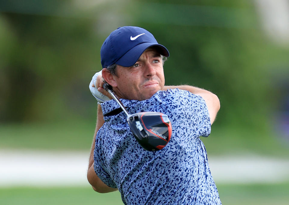 This photo shows Rory McIlroy playing his tee shot on the 12th hole during the final round of the Arnold Palmer Invitational. 