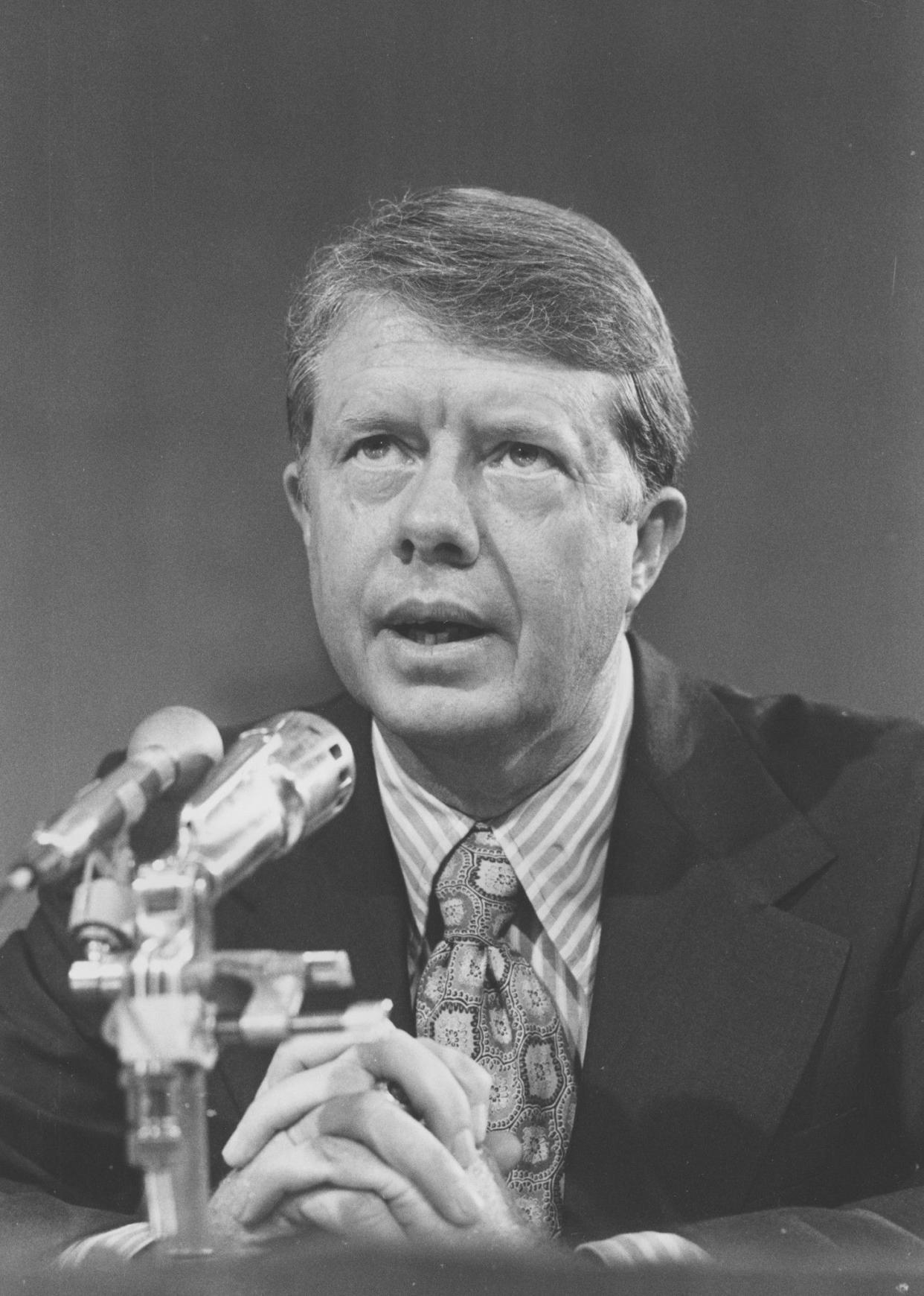 Gov. Jimmy Carter discusses drug issues in Atlanta during his testimony before a Senate Government Operations subcommittee on federal drug control on July 15, 1971, in Washington, D.C.