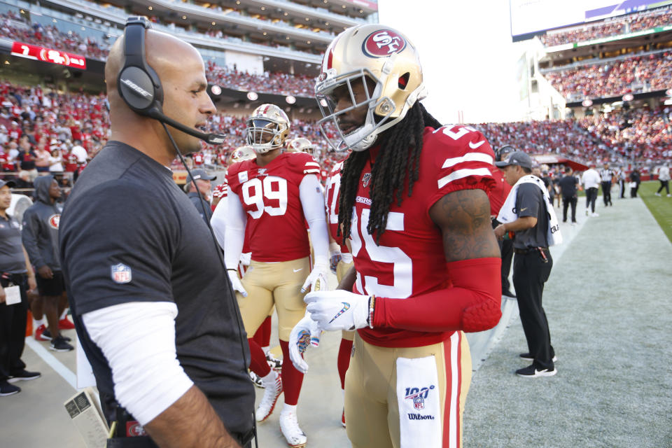 SANTA CLARA, CA - OCTOBER 7: Defensive Coordinator Robert Saleh and Richard Sherman #25 of the San Francisco 49ers talk on the sideline during the game against the Cleveland Browns at Levi's Stadium on October 7, 2019 in Santa Clara, California. The 49ers defeated the Rams 31-3. (Photo by Michael Zagaris/San Francisco 49ers/Getty Images)