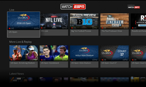 A TV screen showing a variety of sporting events on the ESPN app.