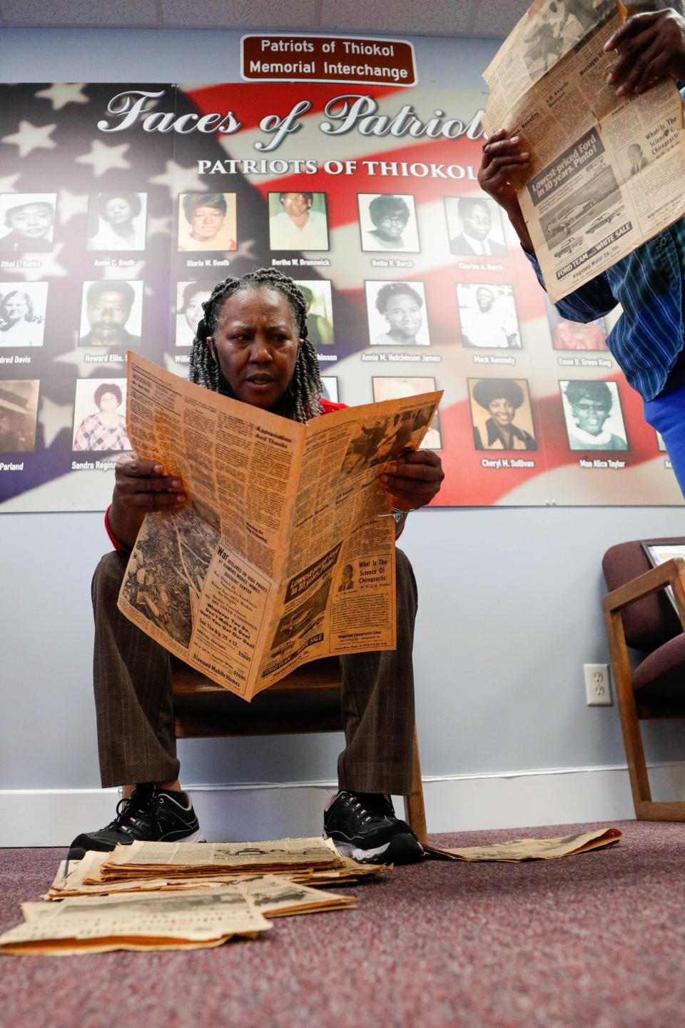 Jannie Everette, CEO/President of the Thiokol Memorial Project, looks through some of the old news articles published about the 1971 explosion at Thiokol.