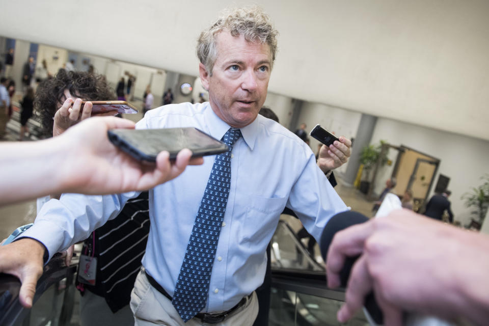 UNITED STATES - JUNE 5: Sen. Rand Paul, R-Ky., talks with reporters during a vote in the Capitol on Wednesday, June 5, 2019. (Photo By Tom Williams/CQ Roll Call)