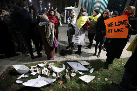 Protesters gather in front of the Russian embassy after Russia seized three Ukrainian naval ships and detained the crew at the weekend, in Warsaw, Poland November 26, 2018. Agencja Gazeta/Slawomir Kaminski via REUTERS