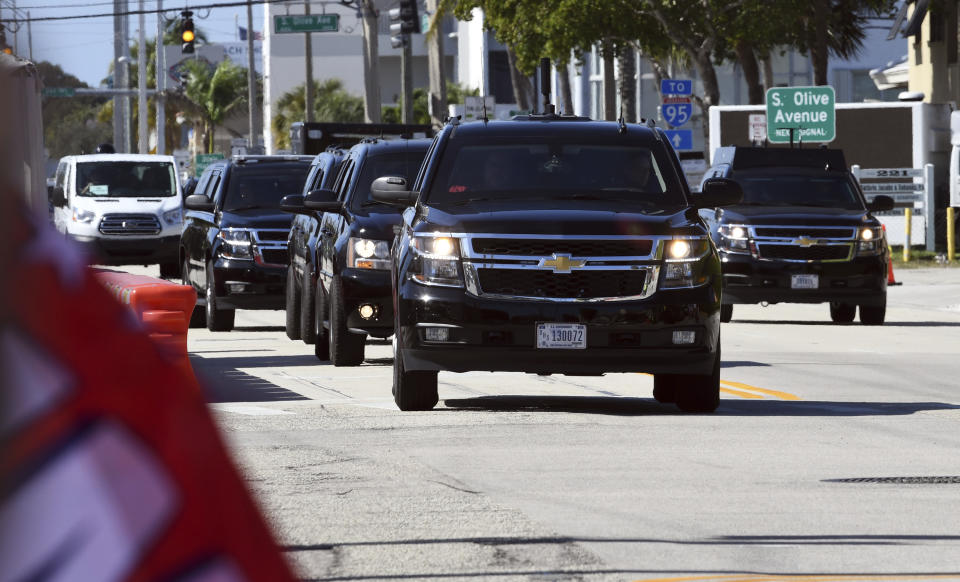 President Donald Trump's motorcade returns to Mar-a-Lago from the Trump International Golf Club located in West Palm Beach, Sunday, Jan. 19, 2020 (AP Photo/Jim Rassol)