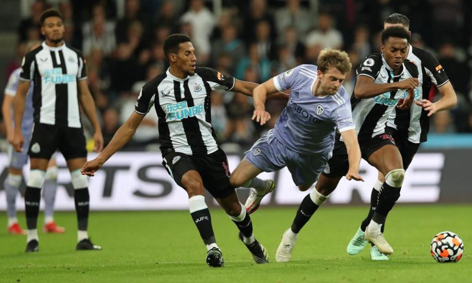 Patrick Bamford takes a tumble during the draw at Newcastle. His lack of goals and current injury have not helped Leeds.