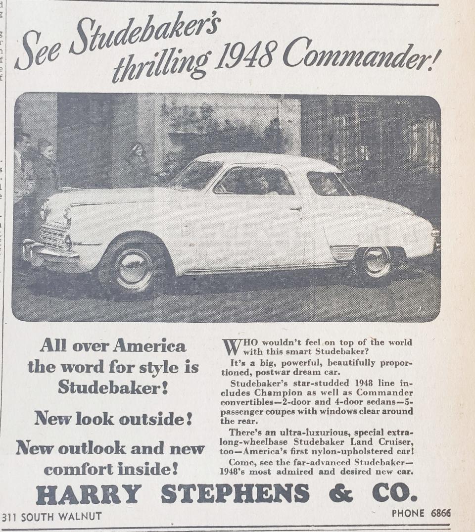 Studebaker's "thrilling" 1948 Commander at Bloomington's Harry Stephens car dealership