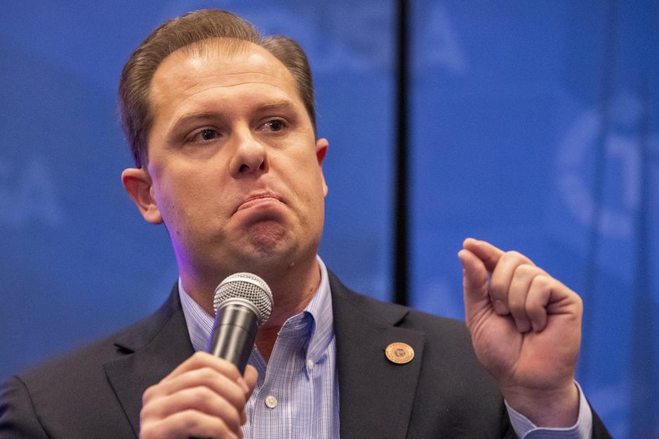 State Rep. Jake Hoffman speaks during a breakout session focusing on Arizona elections during the second day of AmericaFest 2021 hosted by Turning Point USA on Sunday, Dec. 19, 2021, in Phoenix.