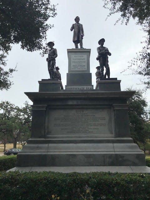 The Confederate Soldiers Monument features five bronze statutes representing the Confederate cavalry, artillery and navy with Confederate President Jefferson Davis in the center.