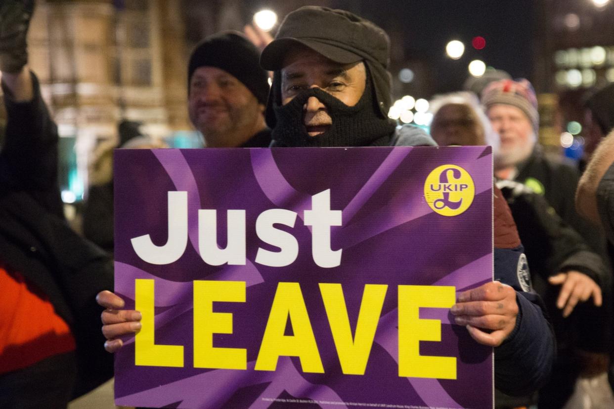 Protesters from the leave Brexit camps demonstrate on College Green (Getty Images)