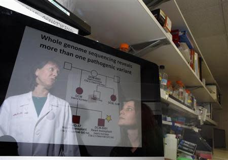 Dr. Elizabeth McNally (L) and genetic councilor Lisa Castillo are reflected in a computer monitor as they review genetic data from a family with Cardiomyopathy at the Cardiovascular Research Institute at the University of Chicago in Chicago, March 4, 2014. REUTERS/Jim Young