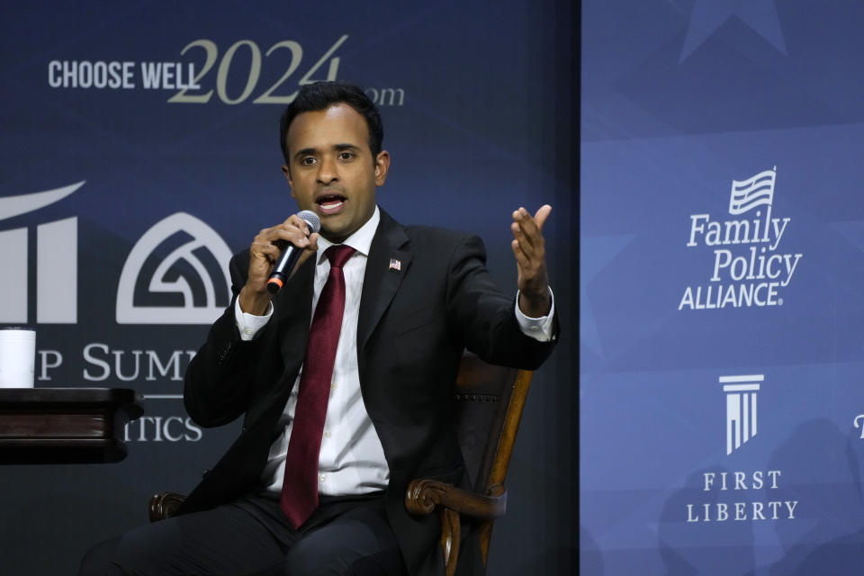 Republican presidential candidate businessman Vivek Ramaswamy speaks during the Family Leadership Summit, Friday, July 14, 2023, in Des Moines, Iowa. (AP Photo/Charlie Neibergall)