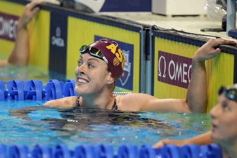 Allison Schmitt reacts after winning her heat in the Women's 200 Freestyle during wave 2 of the U.S. Olympic Swim Trials on Tuesday, June 15, 2021, in Omaha, Neb. (AP Photo/Charlie Neibergall)